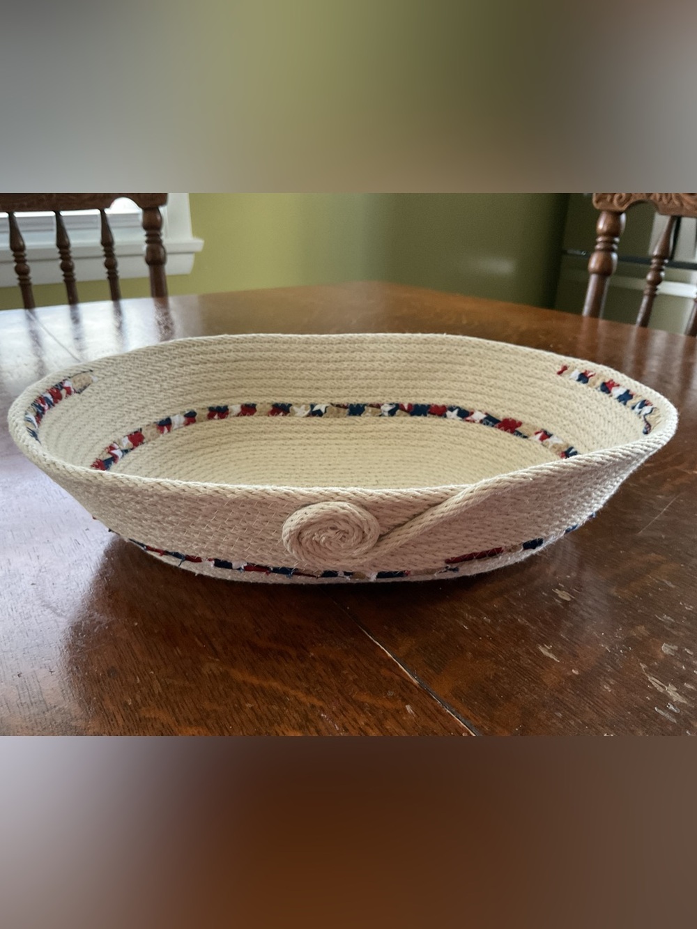 Handmade Fabric Wrapped Oval Coiled Rope Bowl
